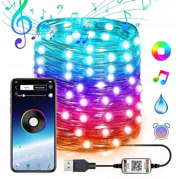 Vánoční Osvětlení Na Stromeček 200 Led Bluetooth 20 M Usb Rgb MIX