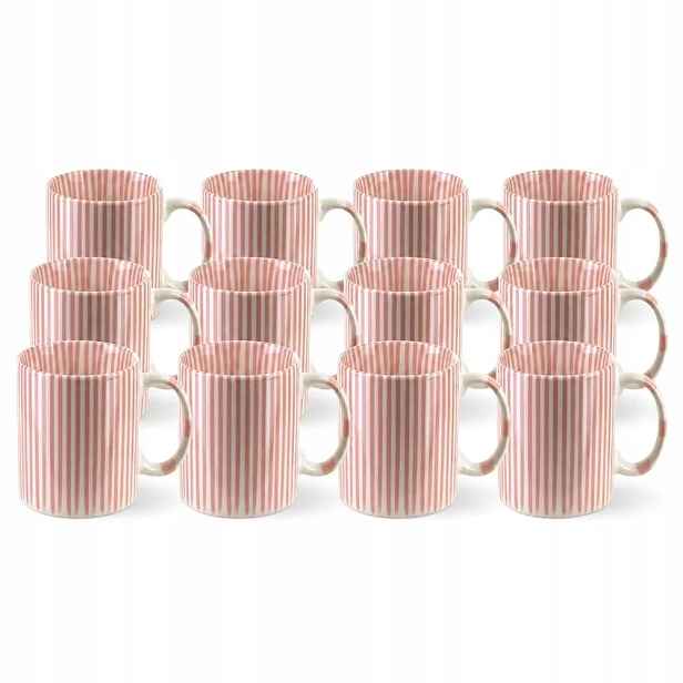Keramické hrnky s růžovými proužky 380 ml Sada 12 kusů Porcelán Ronnie