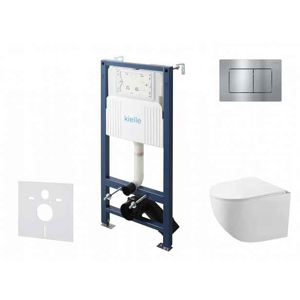kielle Genesis New - Set předstěnové instalace, kompaktního klozetu Gaia, Rimless, sedátka softclose a tlačítka Gemini New III, lesklý chrom 30528SS89