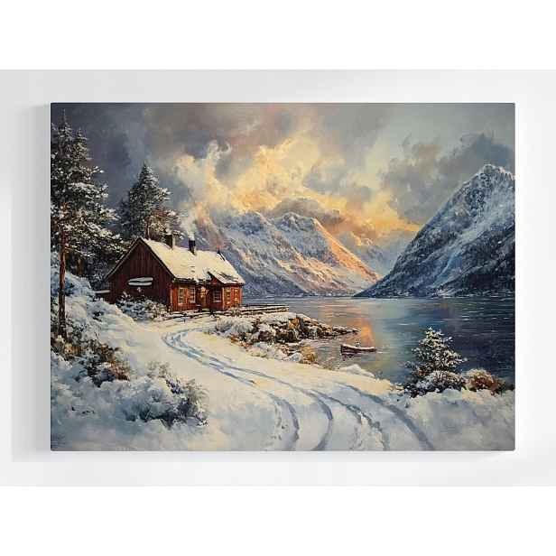 Plakát Zima Krajina Chata Jezero Hory Sníh Západ 100x75