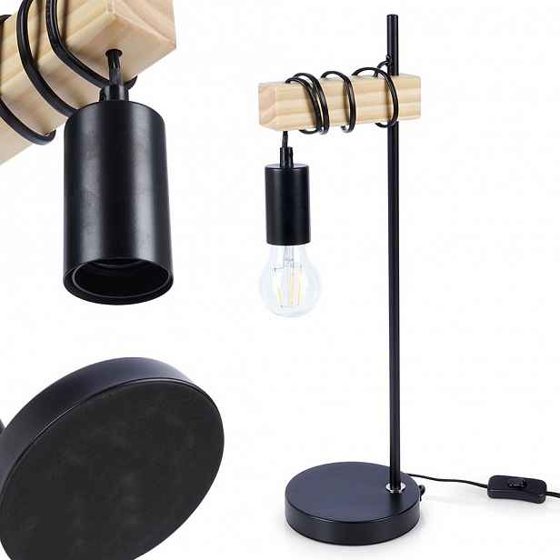 Stolní lampa Noční na skříňku Kovová lampa Dřevěná Černá Loftová