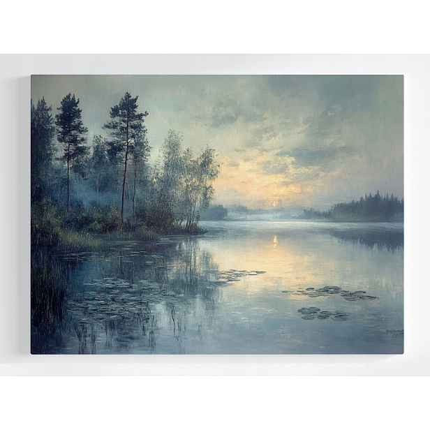 Plakát Krajina Jezero Stromy Slunce Západ Mlha 100x75