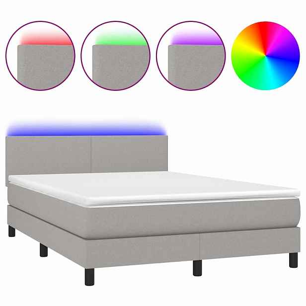 vidaXL Box spring postel s matrací a LED světle šedá 140x200 cm textil