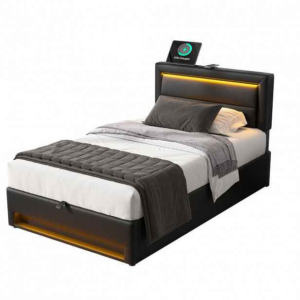 Modenvie ČALOUNĚNÁ postel 90/190 cm z PU černá, s LED, USB nabíjením a úložným prostorem