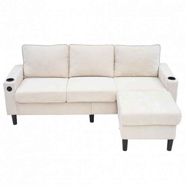 OKWISH ROHOVÁ pohovka 202/137/80 cm béžová z lnu s USB, Type-C, držáky na nápoje a úložnými kapsami