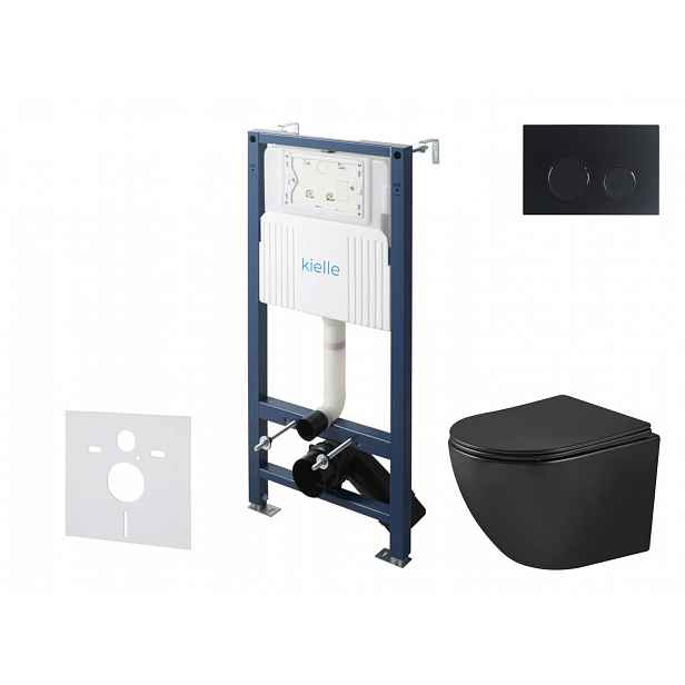 kielle Genesis New - Set předstěnové instalace, klozetu Oudee, Vortex Rimless+, sedátka softclose a tlačítka Gemini New II, matná černá 30528SS92