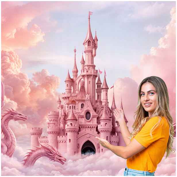 Fototapeta Pro Děti Růžový hrad Draci Mraky 196x260 DD09W