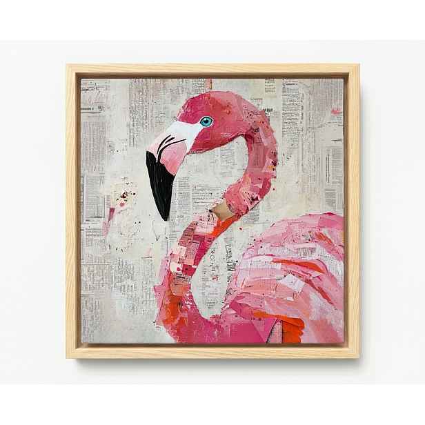 Obraz Rám Americký Box Koláž Mixed Media Noviny Pták Růžový Plameňák 60x60