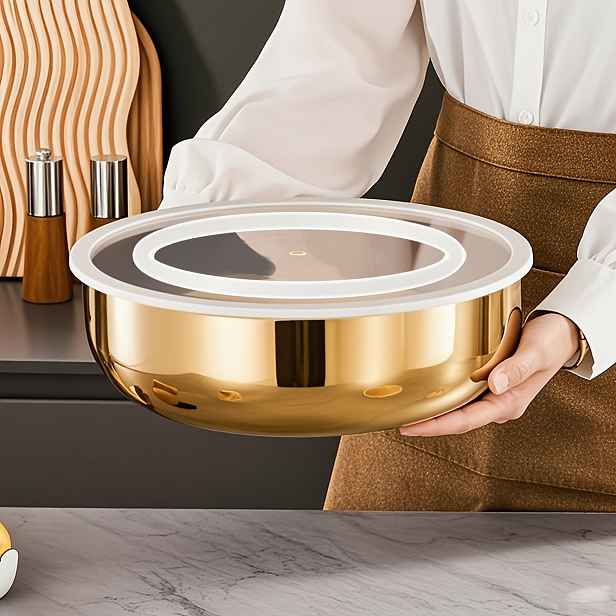TEMU 1 ks Extra hluboká a široká nerezová mísa s víkem - Odolná proti korozi, vhodná do myčky nádobí, komerční kvalita | Ergonomický hnětení těsta,