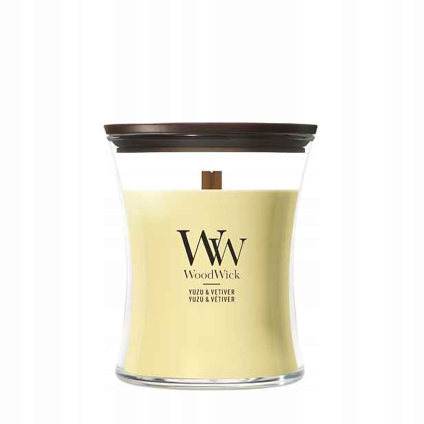 Vonná svíčka sójová Yuzu & Vetiver Woodwick Průměrná 275 g Dřevěný knot