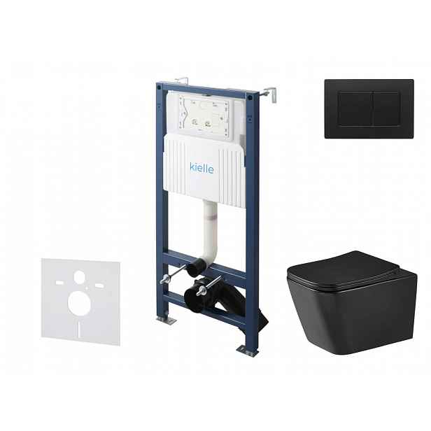kielle Genesis New - Set předstěnové instalace, klozetu Arkas I, Vortex Rimless+, sedátka softclose a tlačítka Gemini New III, matná černá 30528SS96