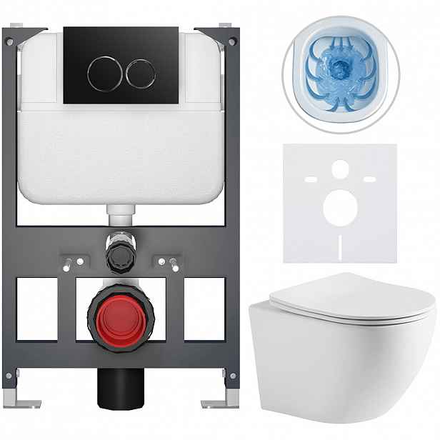 Kompletní WC set Basic/Cesso - bílá matná - WC tlačítko Dualo/Černá - závěsné - nízký modul - předstěnová instalace - 49x36 cm - 8050BD86249