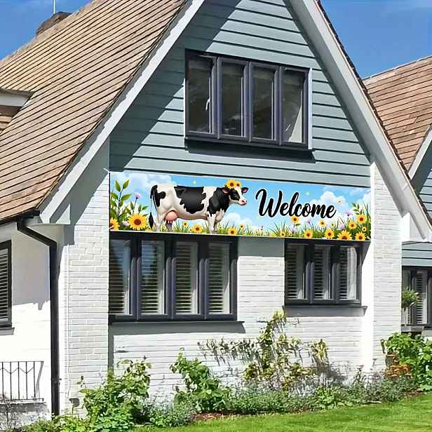 TEMU 1ks Velký „Vítejte“ Cow Mural Banner - Černá A Bílá Kravata S Slunečnicemi, Odolný Polyester, 17,7x78,7 Palců - Ideální Pro Narozeninové Párty,