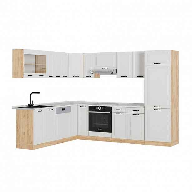 Vicco ROHOVÁ KUCHYŇ R-Line, Bílá/Zlatý mocný dub, 287 x 227 cm, PD Mramor