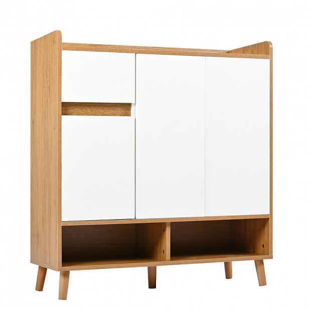 Modfu BOTNÍK z dřevotřísky 90x35x99 cm bílý/přírodní s nastavitelnými policemi a zásuvkou