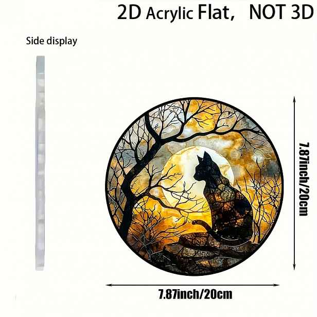 TEMU 2D Plochá, 1 ks Černá Kočka Sluneční Lapač Nástěnná - Kulatá Akrylová Závěsná Plaketa s Podzimním Stromem a Měsícem, Okenní/Nástěnná Vnitřní
