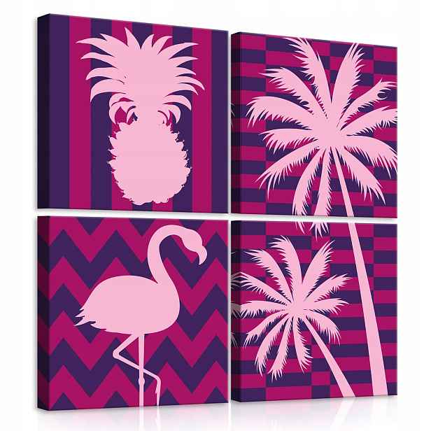 Obraz 50x50 Tropické léto exotika plameňák ananas palmy růžový fialový