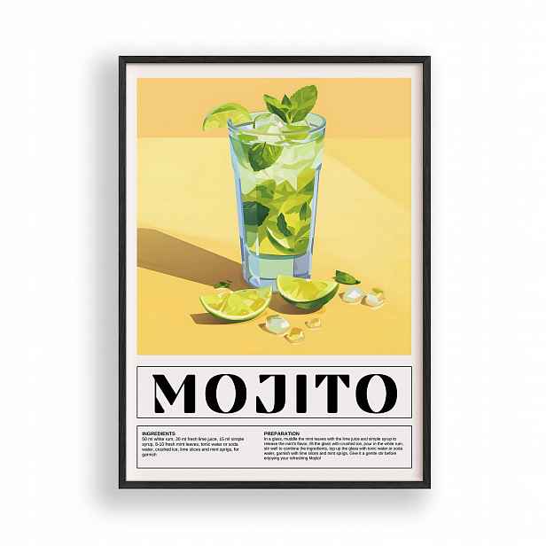 Obraz Koktejl Mojito Plakát Rámeček Dřevěný Černý 30x42 cm