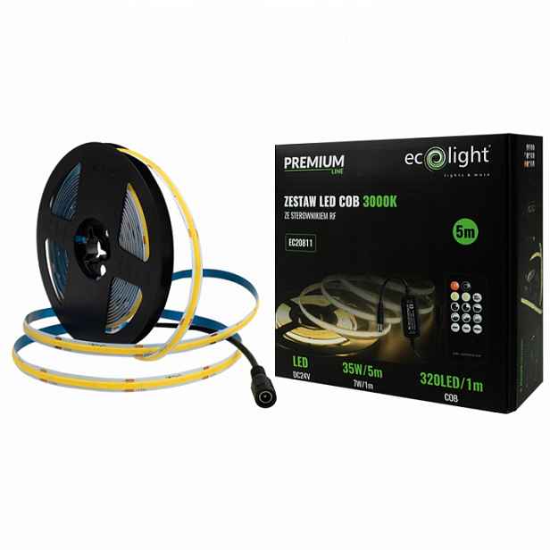 Led pásek Cob 7W/m 630lm/m 320LED/m 24V teplý 5 m napájecí adaptér Dálkový Ovladač