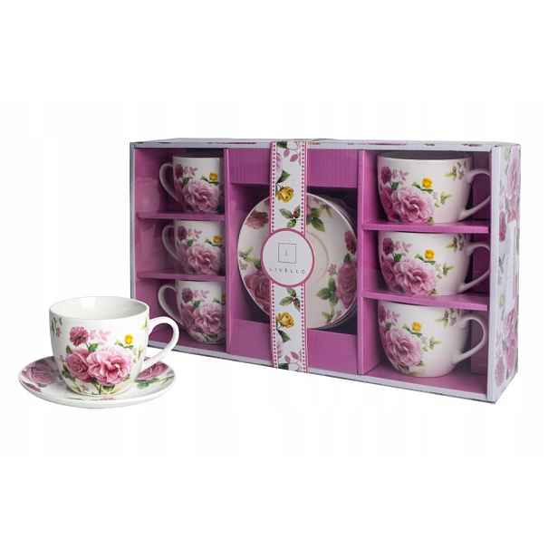 Porcelánové šálky s květinovými růžemi 6+6 250 ml premium porcelán šálek