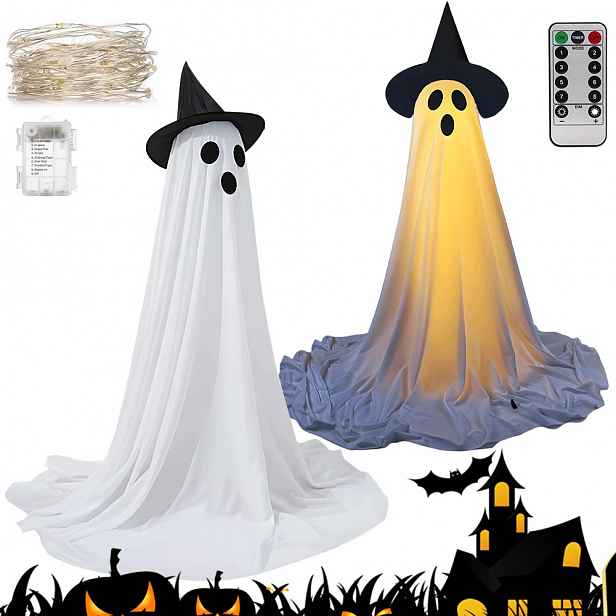 Dekorativní duch na Halloween s kloboukem a Led diodami 2,1 m pro dům a zahradu