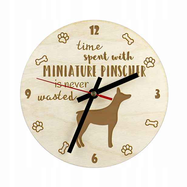 Miniaturní pinč s gravírovaným hodinami se psem, průměr 30 cm, jméno psa