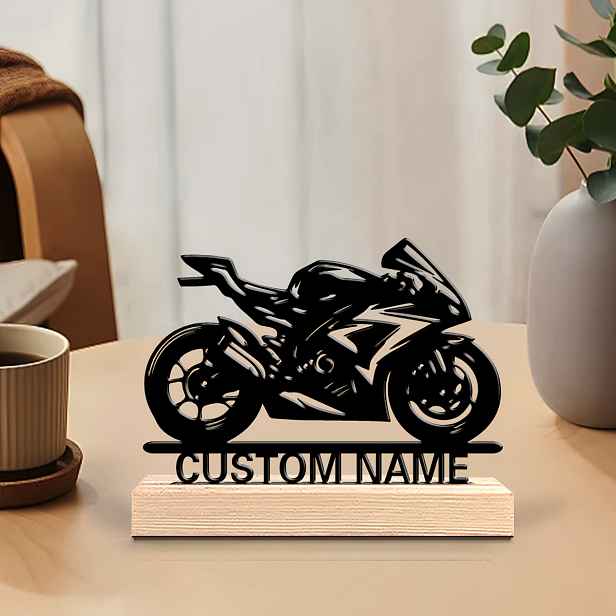 TEMU 1 Personalizovaná kovová motorky - Vlastní jméno/text, minimalistický černý obrysový design, robustní kovová konstrukce se stabilní dřevěnou