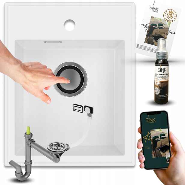 Dřez Jednokoromový Granitový Bílý Sifon Klik Klak Impregnace