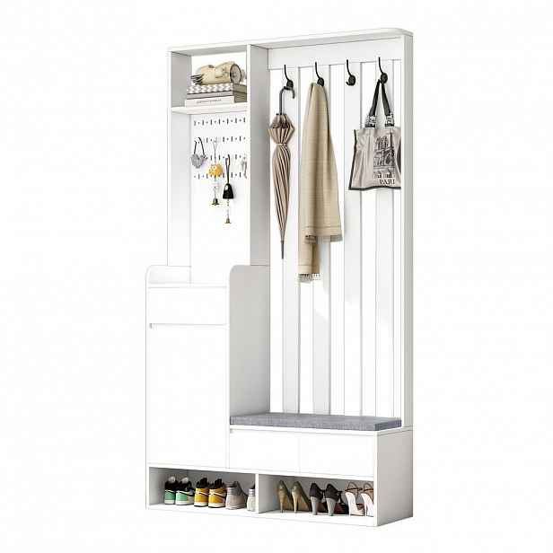 Modfu PŘEDSÍŇOVÁ stěna z MDF 100x35x180 cm bílá s čalouněnou lavicí, perforovaným panelem a 4 háčky