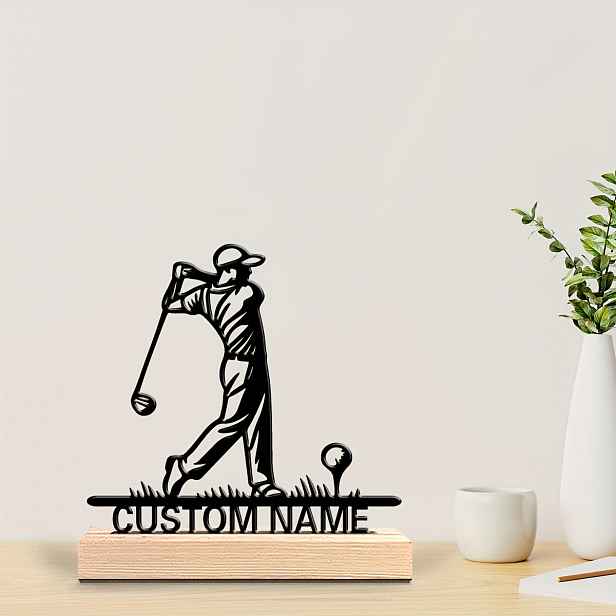 TEMU 1 Personalizovaná golfová soška - Vlastní jméno, elegantní kovová figurka v póze švihu s podstavcem z masivního dřeva - Ideální dárek k