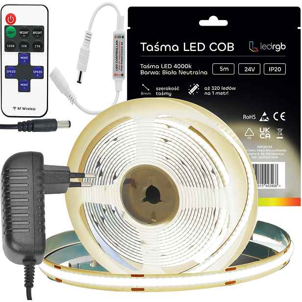 Sada Led pásků Neon Cob 24V 5 m 4000K Bílá Neutrální Napájecí Zdroj Stmívač
