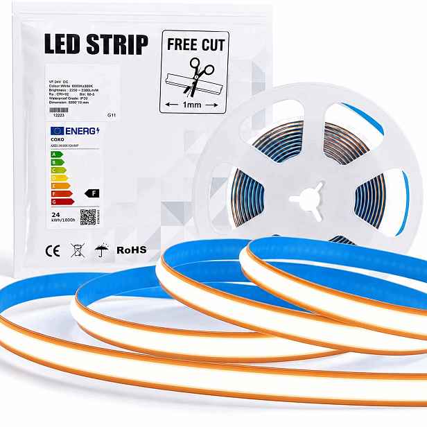 Led páska Cob 24V neutrální bílá 4000k řez po 1 mm 528 LED/m role 8 mm x 5 m