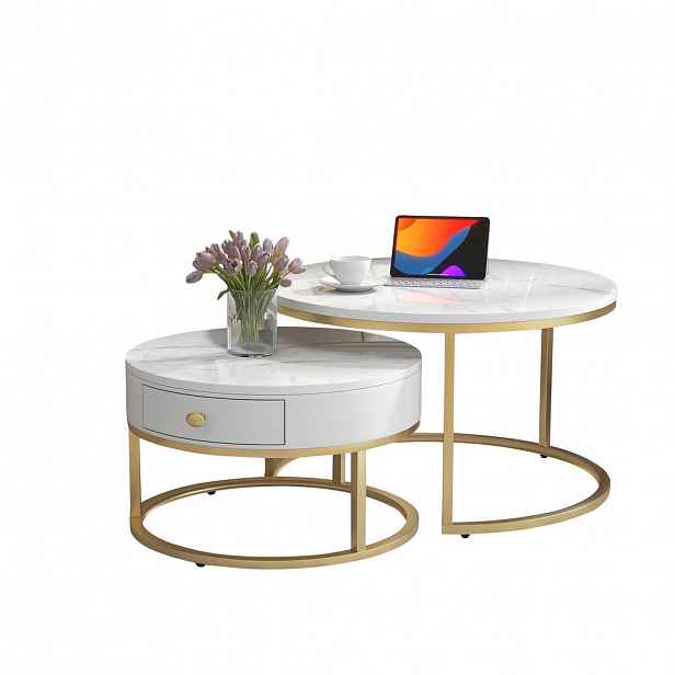 OKWISH SADA konferenčních stolků 70/70/48 cm bílá z MDF s mramorovým dekorem a nesting designem