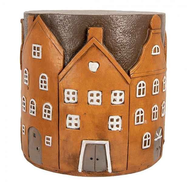 Hnědý cihlový odkládací stolek s domky Amster - Ø 39*40 cm Clayre & Eef