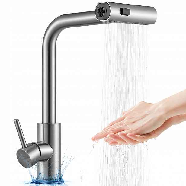 Kuchyňská Baterie Flexibilní Otočný Vývod Vysoká Baterie Pro Umyvadlo Stříbrná Barva