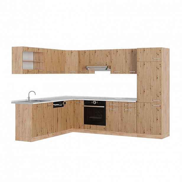 Vicco ROHOVÁ KUCHYŇ R-Line, Řemeslný dub/Zlatý mocný dub, 287 x 227 cm s pracovní deskou