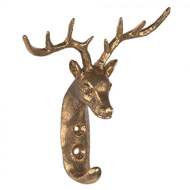 Zlatý antik nástěnný kovový háček hlava jelena - 13*5*12 cm Clayre & Eef