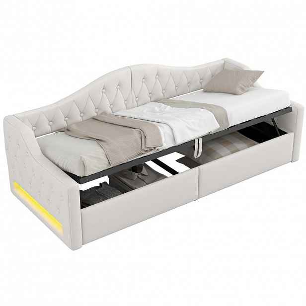 Modenvie ČALOUNĚNÁ postel 90/200 cm z MDF a překližky, béžová, s LED osvětlením a úložným prostorem