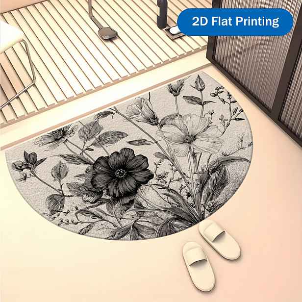 TEMU 1ks Sametová + Protiskluzová Podložka + 850g/m² Polokruhová Vítací Rohož, 2D Plochý Design Květinový Vítací Rohož, Domácí Dekorace Vnitřní
