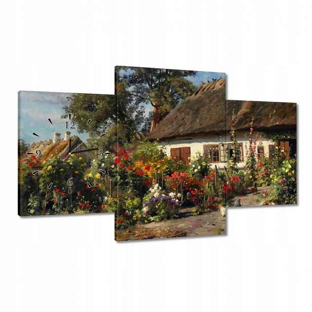 Hodiny 100x60 Venkovský domek s květinami