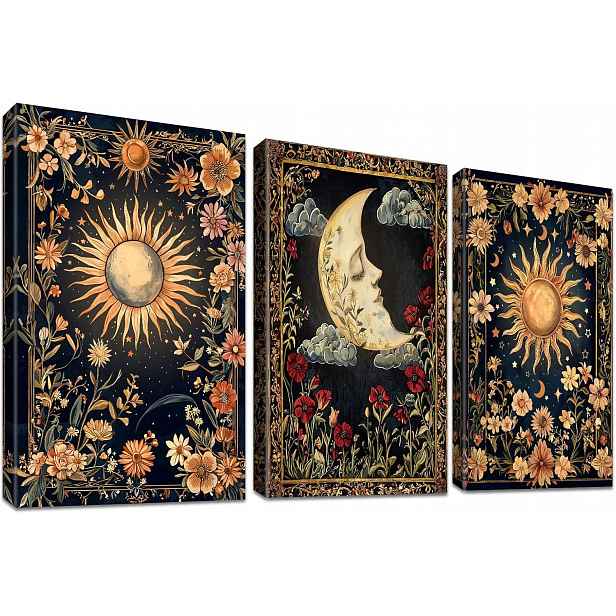 Obrazy na plátně Sada 3 kusů 50x70 cm Boho Gotika Slunce Měsíc Tarot