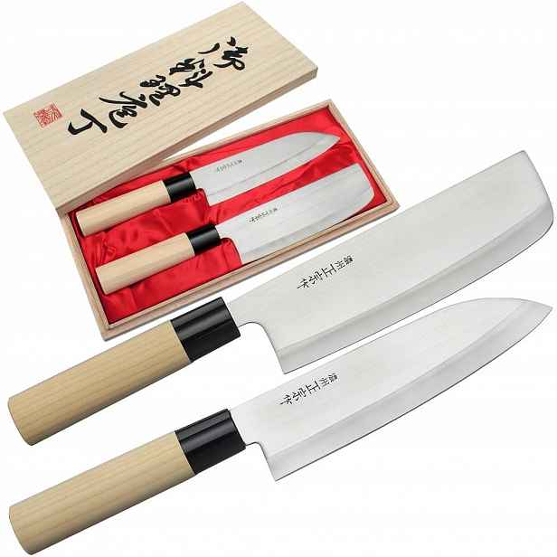 Satake Megumi 420J2 Japonská sada 2 nožů Santoku 17 cm a Nakiri 16 cm Pouzdro