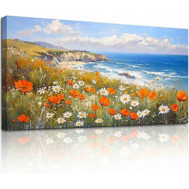 Obraz na plátně XXL 73 × 146 cm – moře, útesy a květinová louka MHARTK66