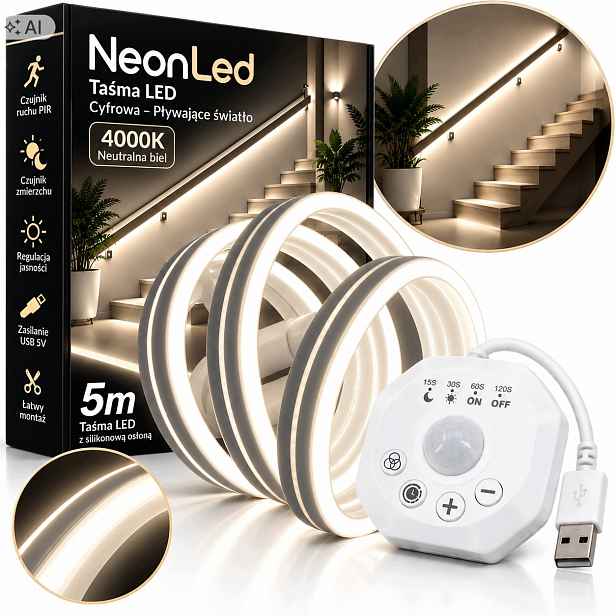 Set Led pásek Neon 5V 5 m Bílý 4000K Senzor Pohybu Soumraku Plovoucí