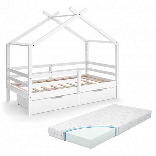 VitaliSpa DOMEČKOVÁ POSTEL Luni Bílá 160 x 80 cm s úložnými boxy a matrací
