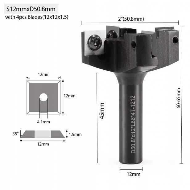 Zarovnávací fréza dřeva s vyměnitelnými destičkami průměr 50.8 mm x 12 mm 4P