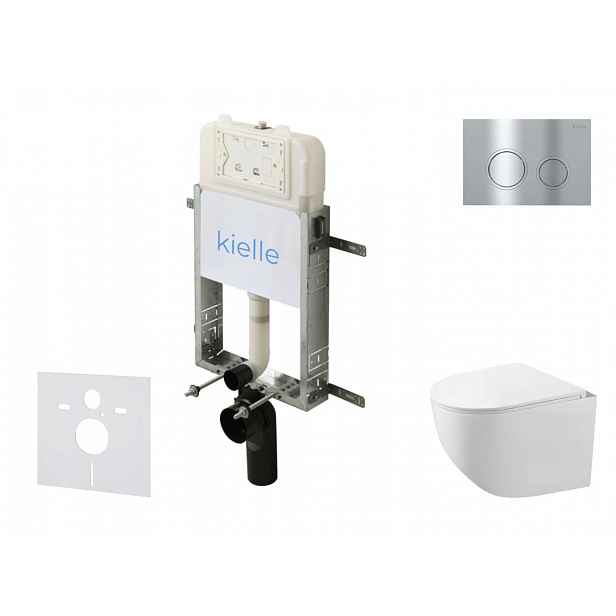 kielle Genesis New - Set předstěnové instalace, kompaktního klozetu Gaia, Rimless, sedátka softclose a tlačítka Gemini New II, lesklý chrom 30528SZ86