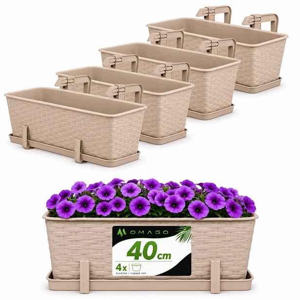 4 x Květináč Balkonový Truhlík 40 cm Držáky Béžová Sada