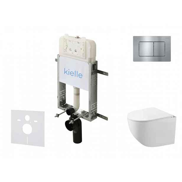 kielle Genesis New - Set předstěnové instalace, kompaktního klozetu Gaia, Rimless, sedátka softclose a tlačítka Gemini New III, lesklý chrom 30528SZ89