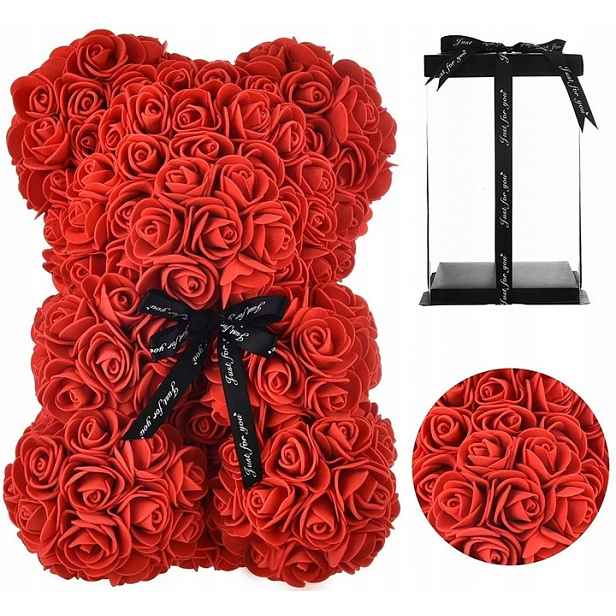 Medvídek z růží 25 cm s růžovými lístky Krabička